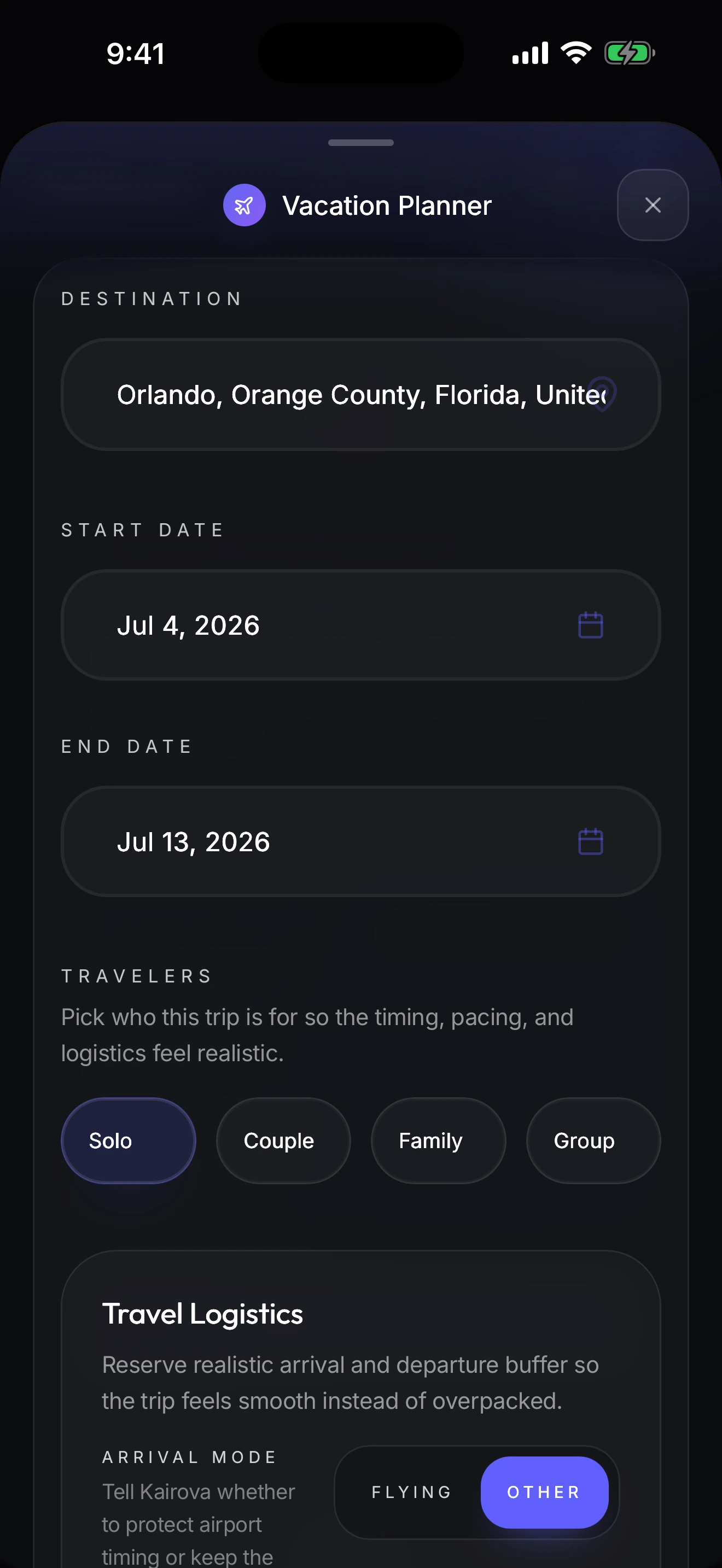 Actual Kairova Vacation Planner interface