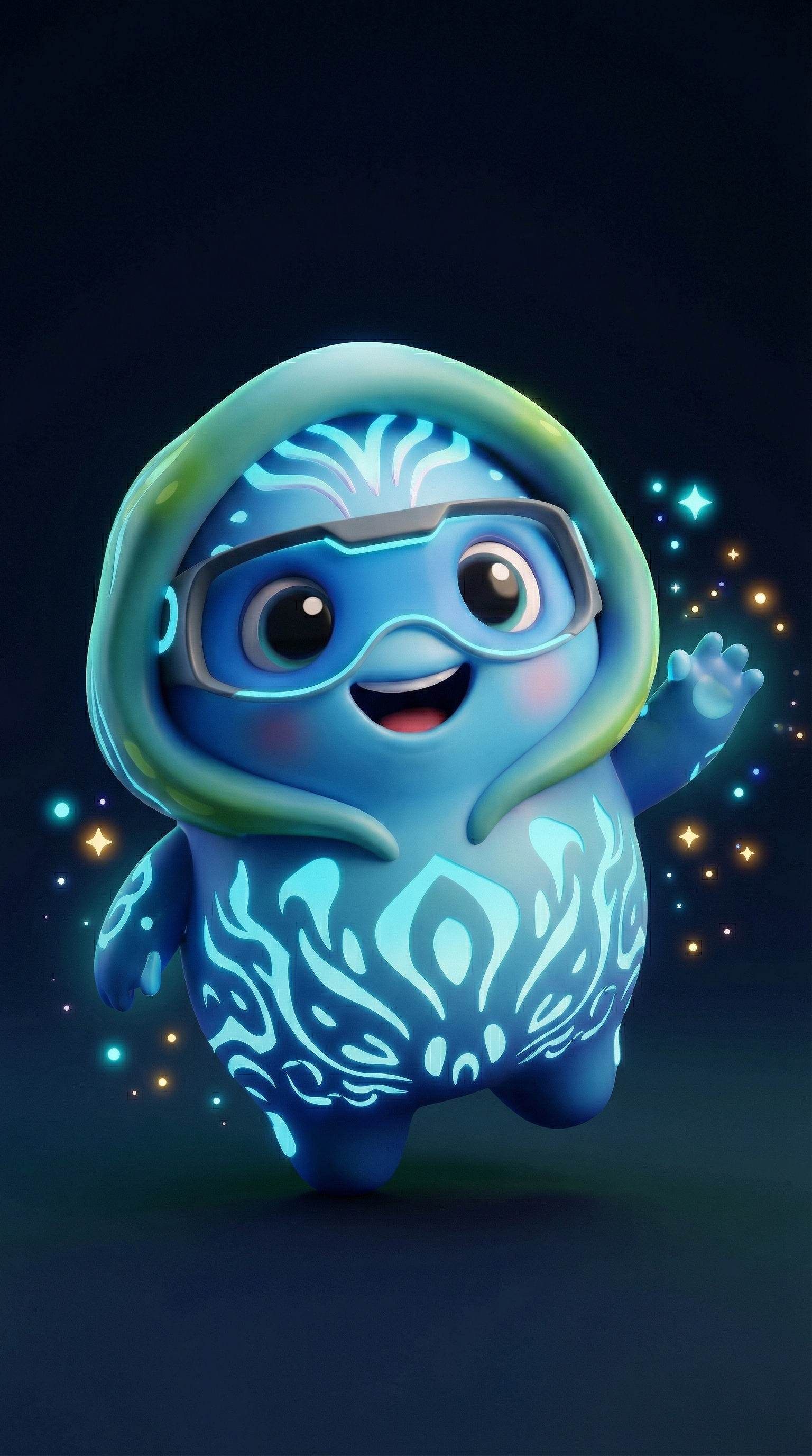 Buddy - Water Guardian companion, a blue creature with goggles and a glowing hood